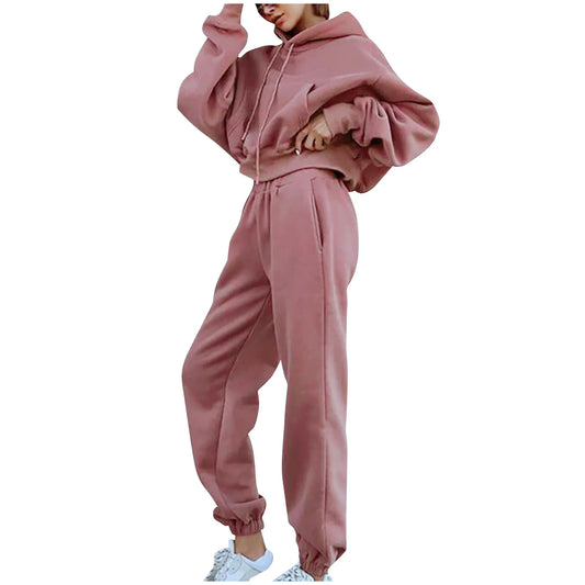 Women's Casual Solid Color Long Sleeved Hoodie Trousers Sweatershirt Sports Suit