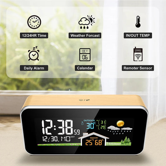 Alarm Clock Digital Surface Wall Decor Time Date Week Temperature Humidity Weather Forecast Wireless Table Desk Watch Wood Clock